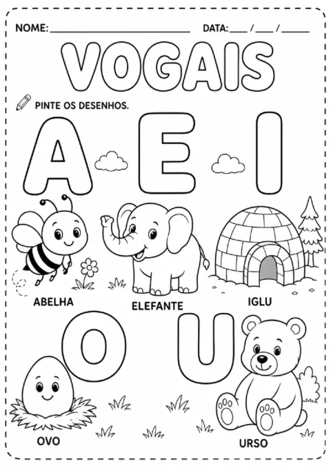 Atividade sobre vogais com desenhos de abelha, elefante, iglu, ovo e urso para pintar.