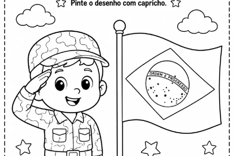 Atividade do Dia do Soldado para colorir: soldado em continência ao lado da bandeira do Brasil.