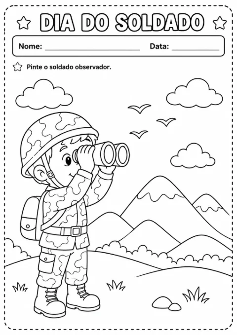 Atividade do Dia do Soldado para colorir: soldado observando com binóculos em uma paisagem montanhosa.