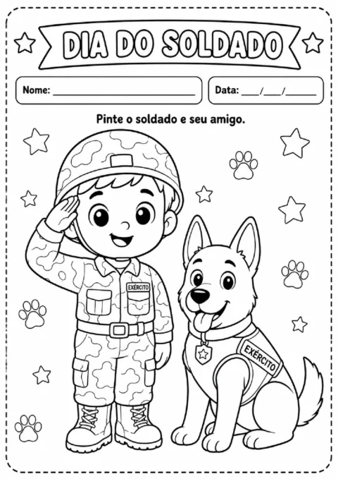 Atividade do Dia do Soldado para colorir: soldado uniformizado ao lado de um cão com colete do Exército.