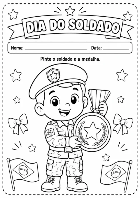 Atividade do Dia do Soldado para colorir: soldado segurando uma medalha com estrela e bandeiras do Brasil.