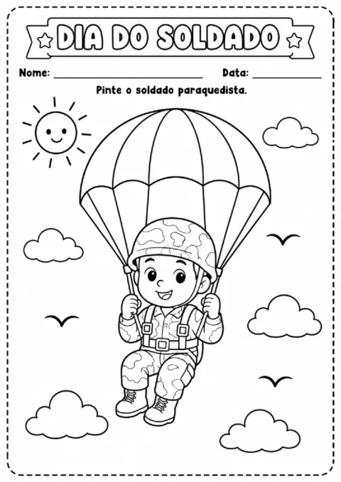 Atividade do Dia do Soldado para colorir: soldado paraquedista descendo entre nuvens.