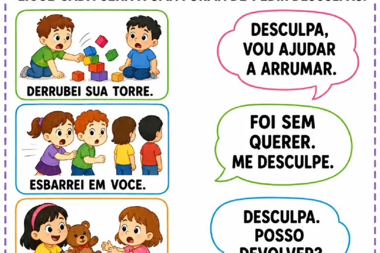 Atividade para ligar cenas de erros a frases adequadas para pedir desculpas.