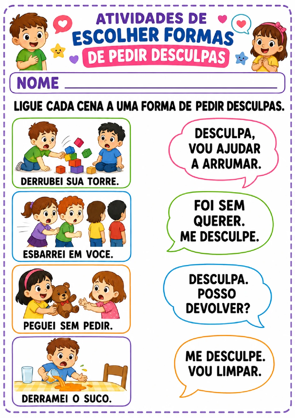 Atividades para ensinar pedidos de desculpas
