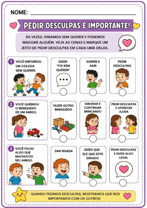 Atividade de marcar atitudes corretas após empurrar alguém, quebrar um brinquedo ou dizer algo machucador.