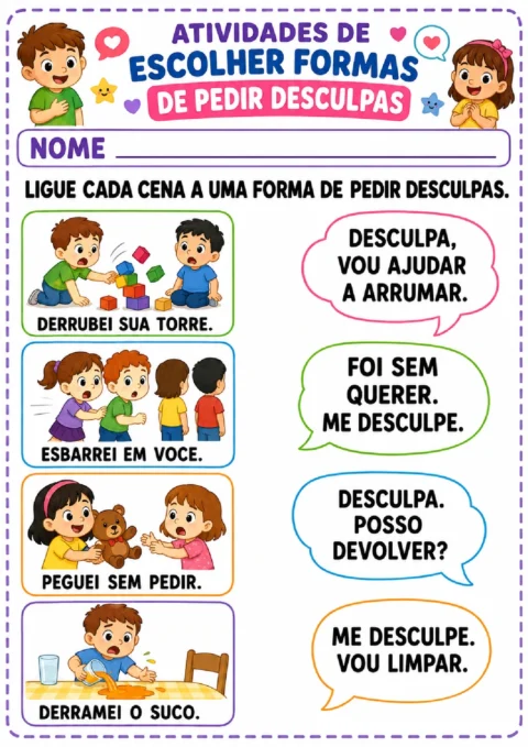 Atividade para ligar cenas de conflitos a frases adequadas para pedir desculpas.