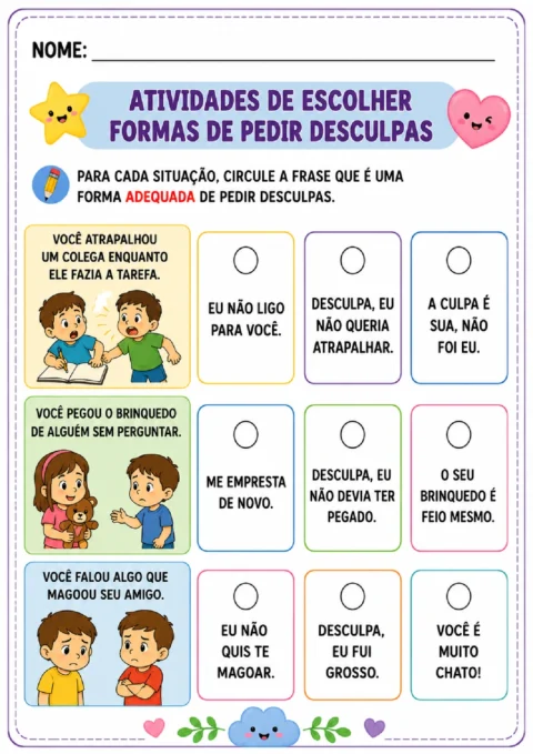 Atividade para circular frases adequadas para pedir desculpas em três situações.