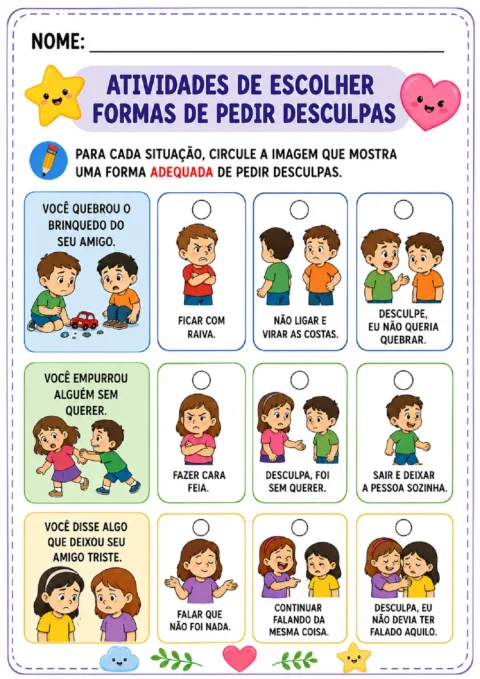Atividade para circular imagens que mostram formas adequadas de pedir desculpas.