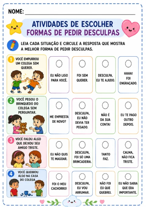 Atividade de leitura para circular respostas adequadas em situações que exigem pedidos de desculpas.