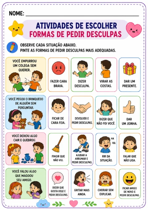 Atividade ilustrada para pintar formas adequadas de pedir desculpas em quatro situações.