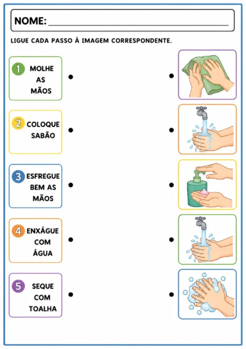 Atividade para ligar cada passo da lavagem das mãos à ilustração correspondente