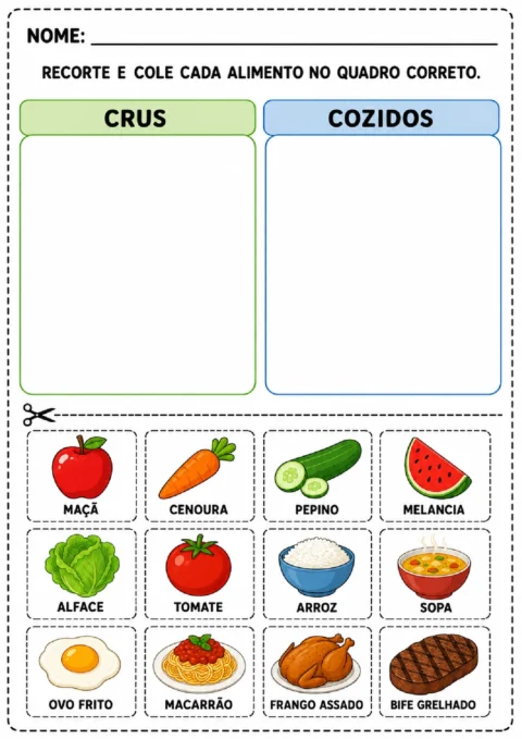 Atividades sobre alimentos crus e cozidos para imprimir