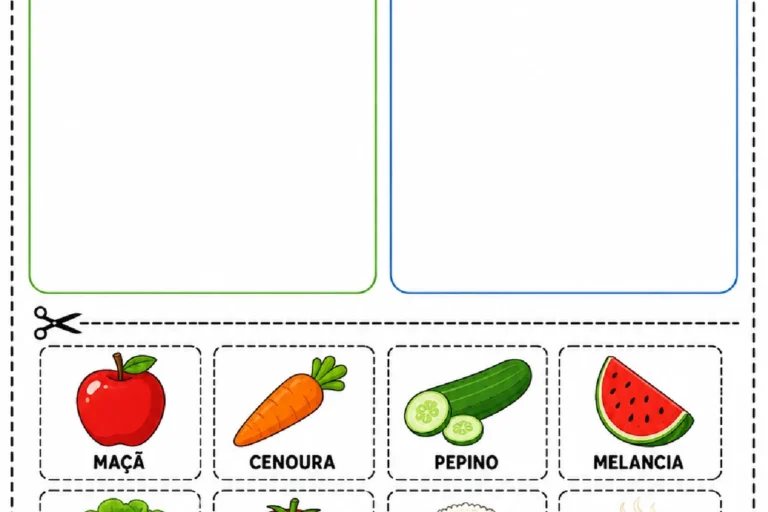 Atividade para recortar alimentos e colá-los nos quadros de alimentos crus ou cozidos.