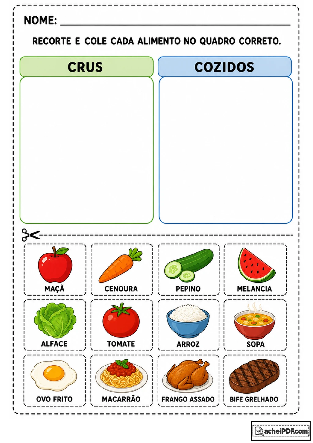 Atividades sobre alimentos crus e cozidos para imprimir