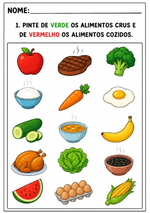 Pintar de verde os alimentos crus e de vermelho os alimentos cozidos.