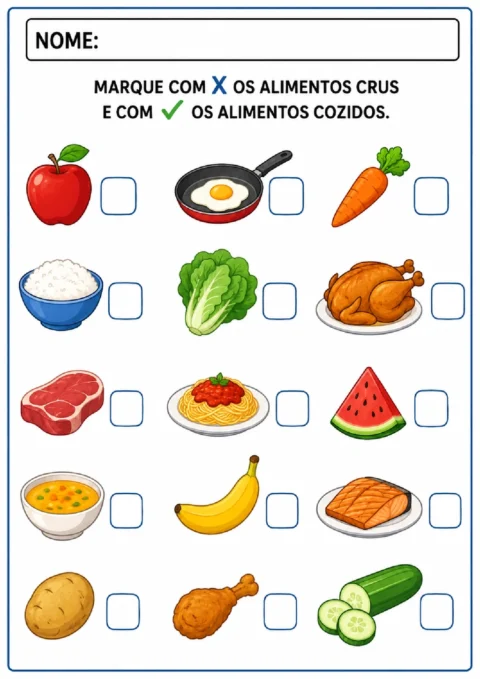 Atividade para marcar com X os alimentos crus e com visto os alimentos cozidos em quadrinhos.