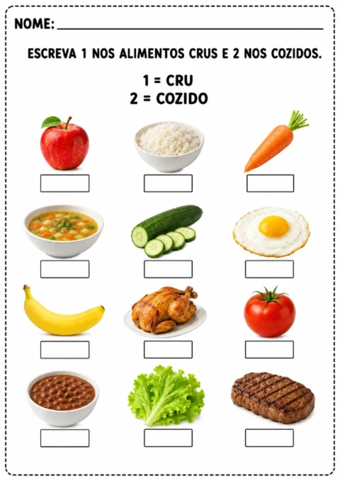 Atividade para escrever 1 nos alimentos crus e 2 nos cozidos, com frutas, verduras e pratos.
