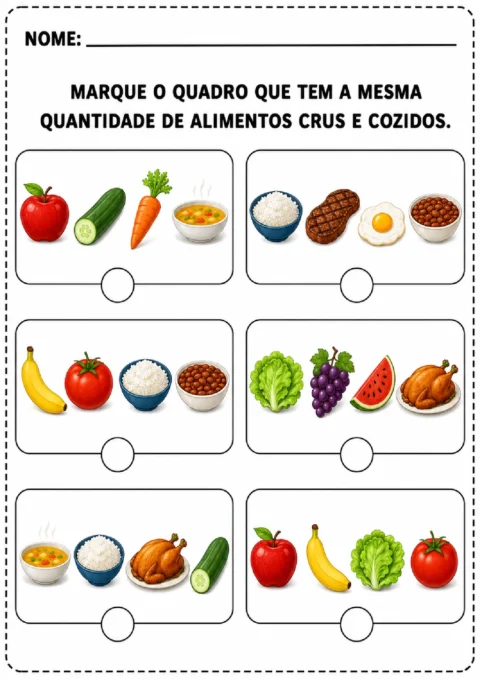 Atividade para marcar o quadro com a mesma quantidade de alimentos crus e cozidos.