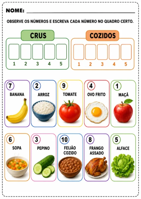 Atividade para separar alimentos crus e cozidos, escrevendo os números correspondentes em cada quadro.