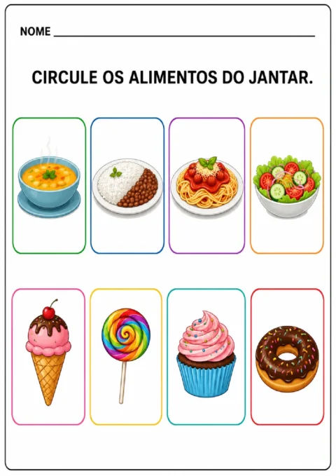 Atividades sobre alimentos do jantar para crianças