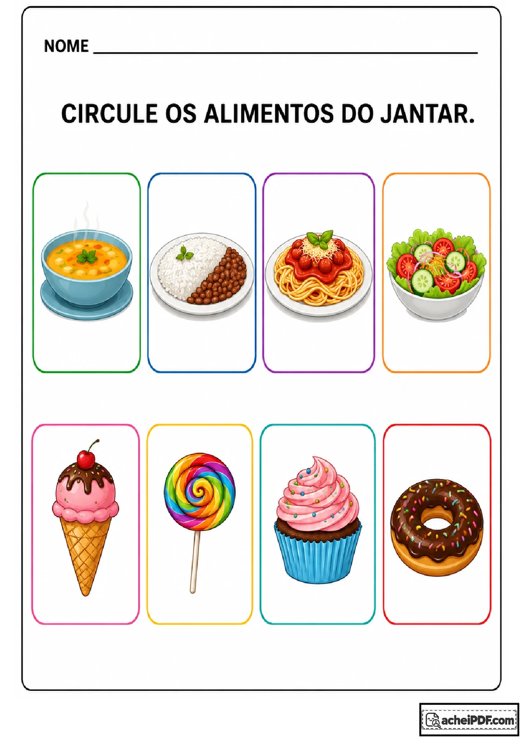Atividades sobre alimentos do jantar para crianças
