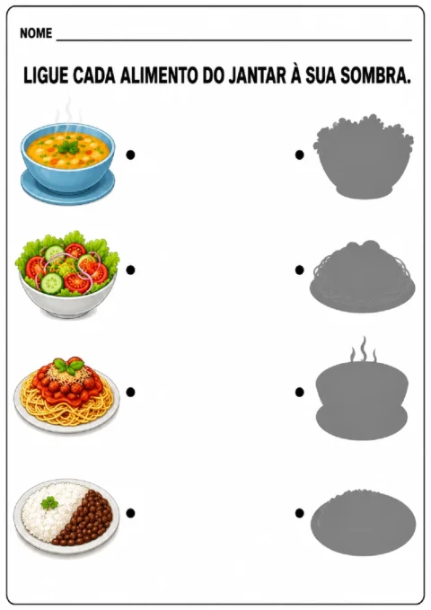 Atividade para ligar sopa, salada, macarrão e arroz com feijão às sombras correspondentes.