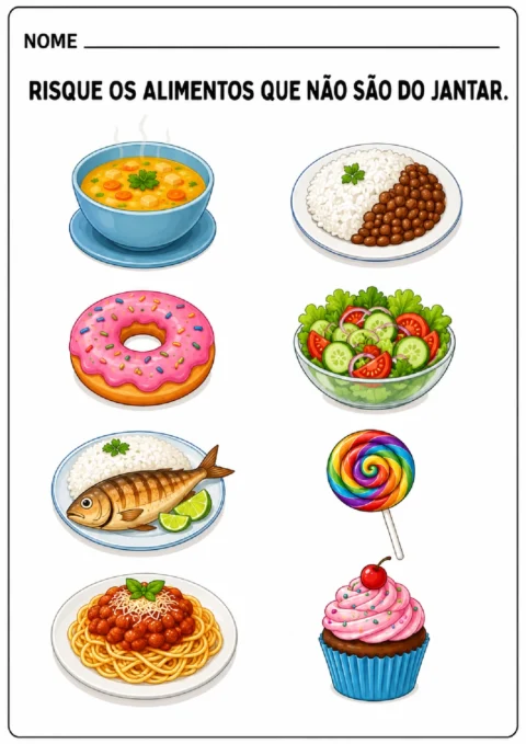 Atividade para riscar alimentos que não são do jantar, entre sopa, salada, doces e peixe.
