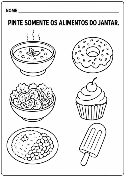 Atividade para pintar apenas os alimentos do jantar entre sopa, salada, arroz com feijão e doces.