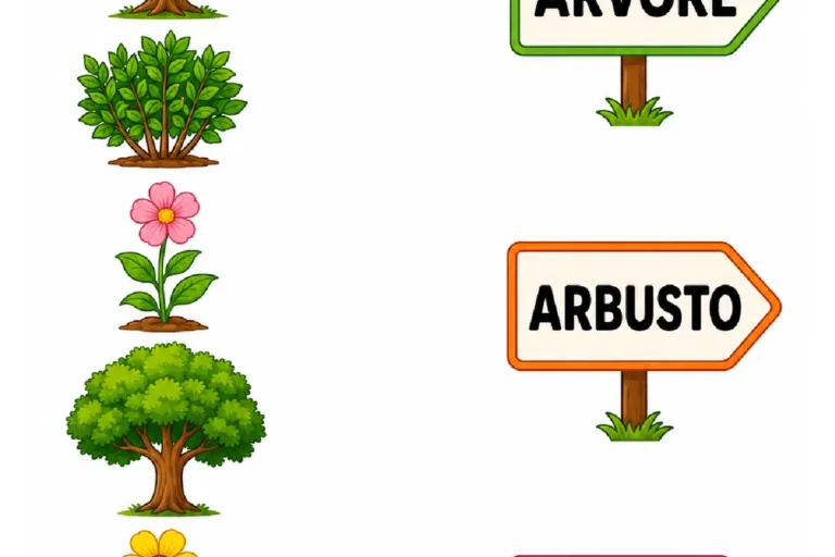 Atividade para ligar desenhos de árvores, arbustos e flores aos nomes correspondentes