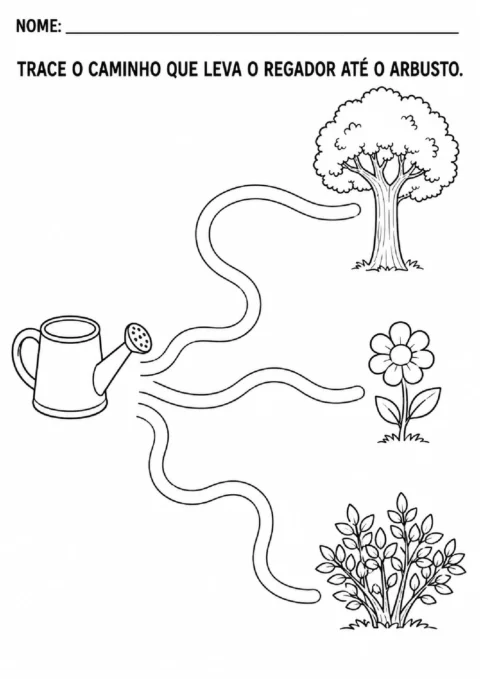 Atividade de traçar o caminho que leva o regador até o arbusto, entre uma árvore e uma flor