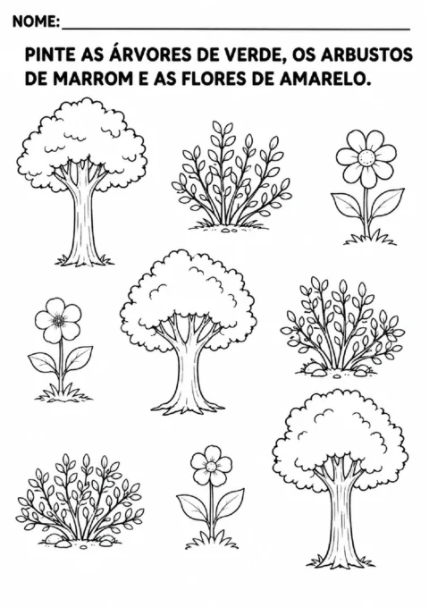 Atividade de colorir árvores de verde, arbustos de marrom e flores de amarelo