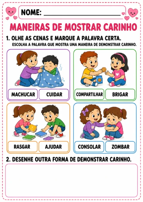Atividade para marcar as palavras sobre carinho nas cenas e desenhar outra demonstração de afeto.