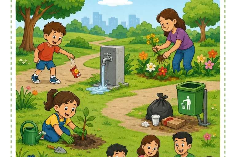 Atividade para observar uma cena no parque e circular quatro atitudes que prejudicam a natureza.