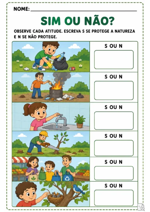 Atividade para marcar S ou N em seis atitudes relacionadas à proteção da natureza.