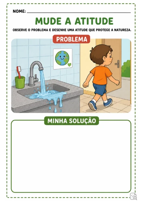 Atividade para desenhar uma solução para o desperdício de água mostrado em uma torneira aberta.