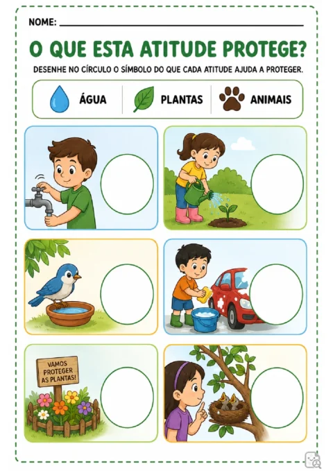 Atividade para ligar atitudes aos símbolos de água, plantas ou animais usando círculos.