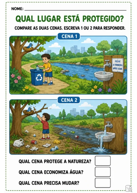 Atividade para comparar duas cenas e indicar qual protege a natureza e economiza água.