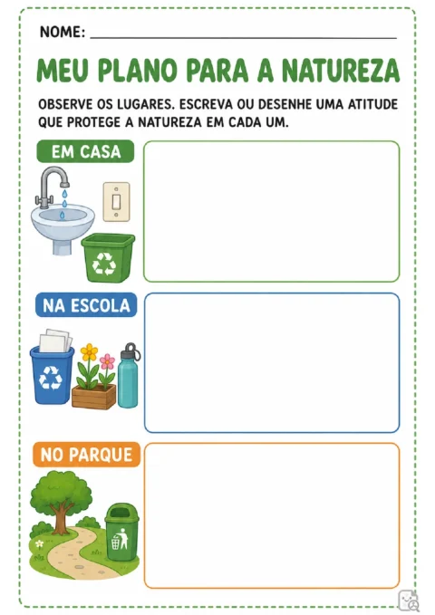 Plano para a natureza com espaços para escrever ou desenhar atitudes em casa, na escola e no parque.