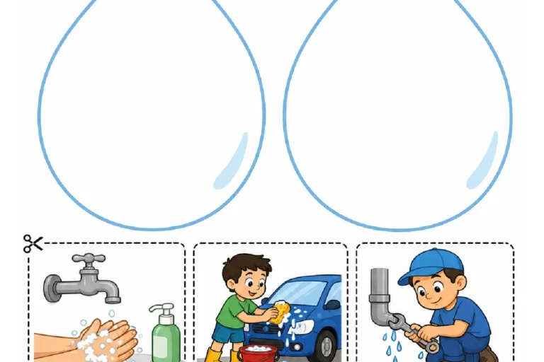 Atividade para recortar cenas de uso da água e colá-las nas gotas correspondentes a cuidar ou desperdiçar água.