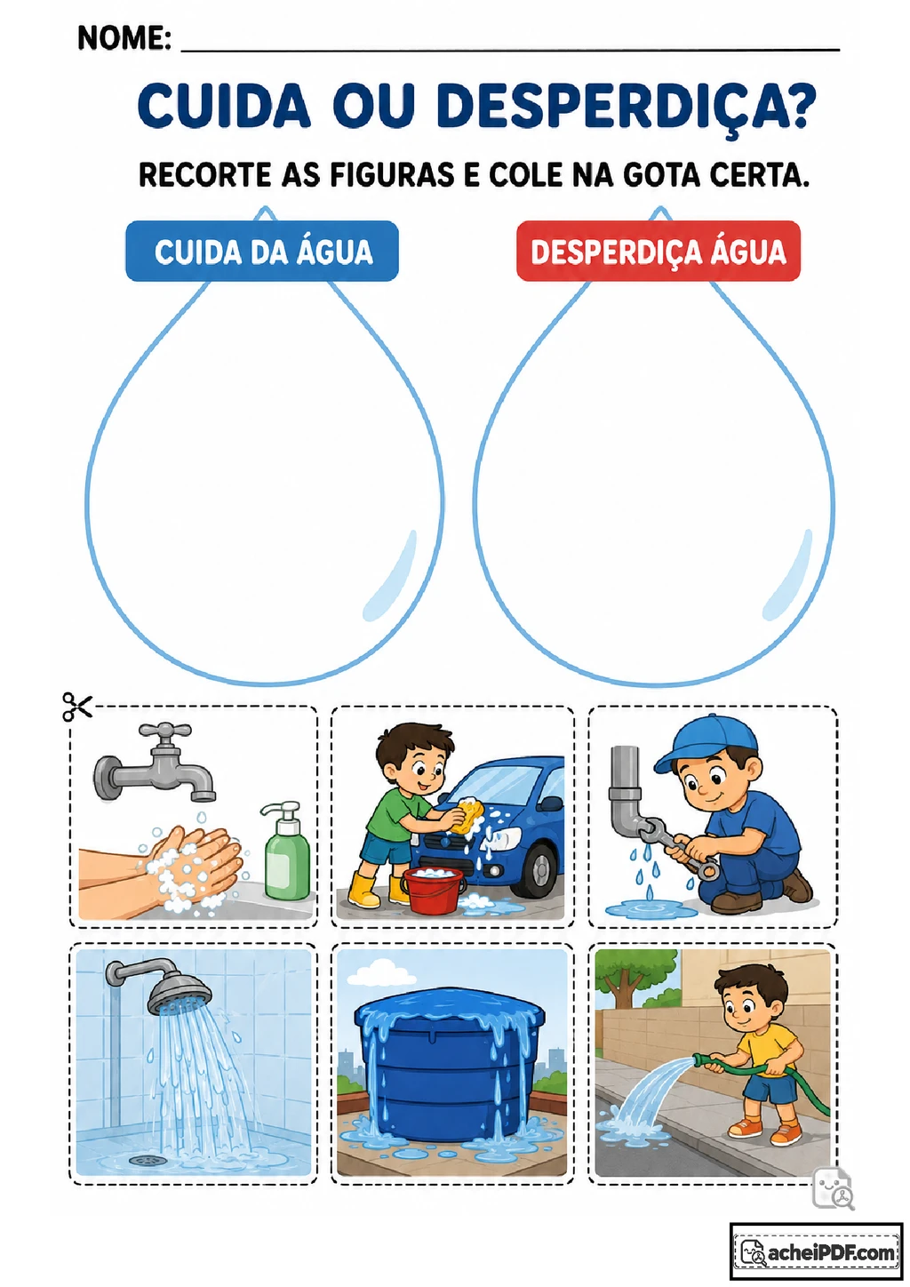 Atividades sobre desperdício e cuidado com a água