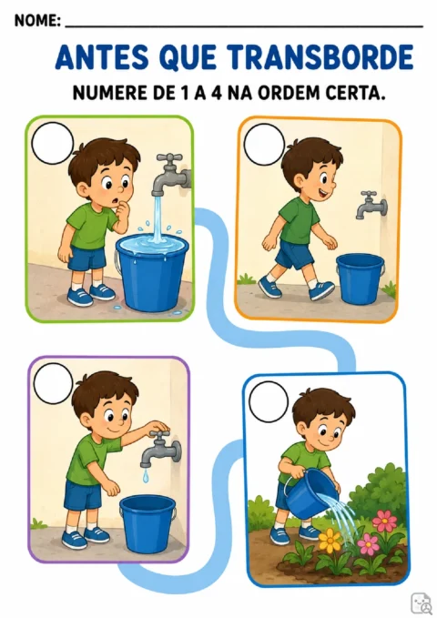 Atividade para numerar de 1 a 4 cenas de uso da água antes de o balde transbordar.