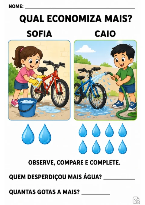 Atividade para comparar gotas de água usadas por Sofia e Caio ao lavar bicicletas.