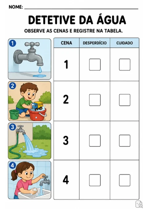 Atividade Detetive da Água para marcar cenas de desperdício ou cuidado em uma tabela.