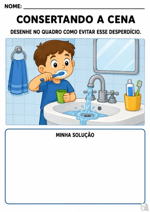 Atividade para desenhar uma solução contra o desperdício de água ao escovar os dentes.