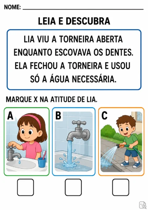 Atividade de leitura sobre Lia, que fecha a torneira ao escovar os dentes, para marcar a atitude correta.