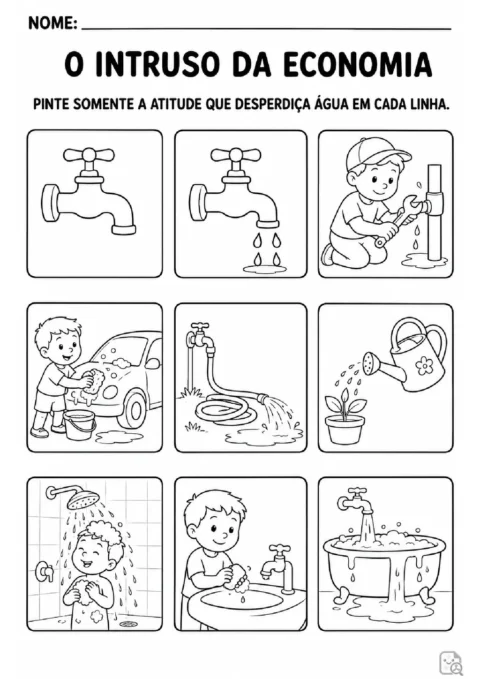 Atividade para pintar, em cada linha, a cena que mostra desperdício de água entre três opções.