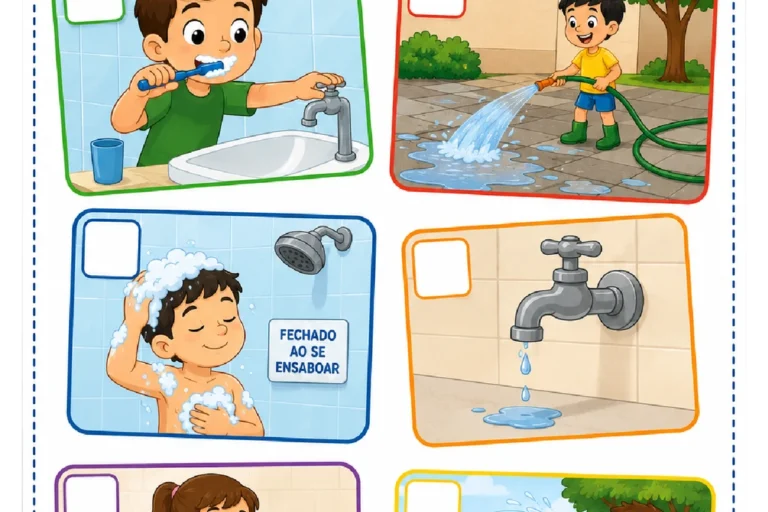 Atividade para marcar atitudes que economizam água em seis cenas do cotidiano.