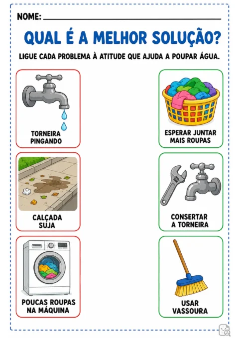 Atividade para ligar problemas de desperdício de água às soluções corretas, como consertar uma torneira.