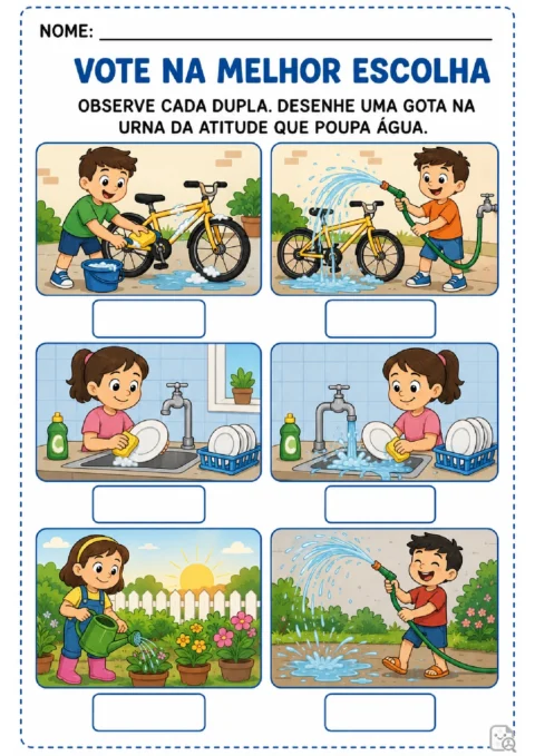 Atividade para marcar com uma gota as cenas que mostram atitudes de economia de água.