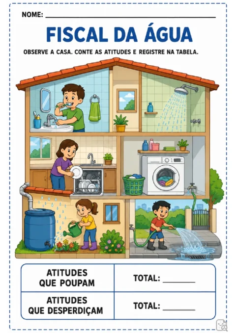 Atividade “Fiscal da Água” para contar atitudes que poupam e desperdiçam água em uma casa.
